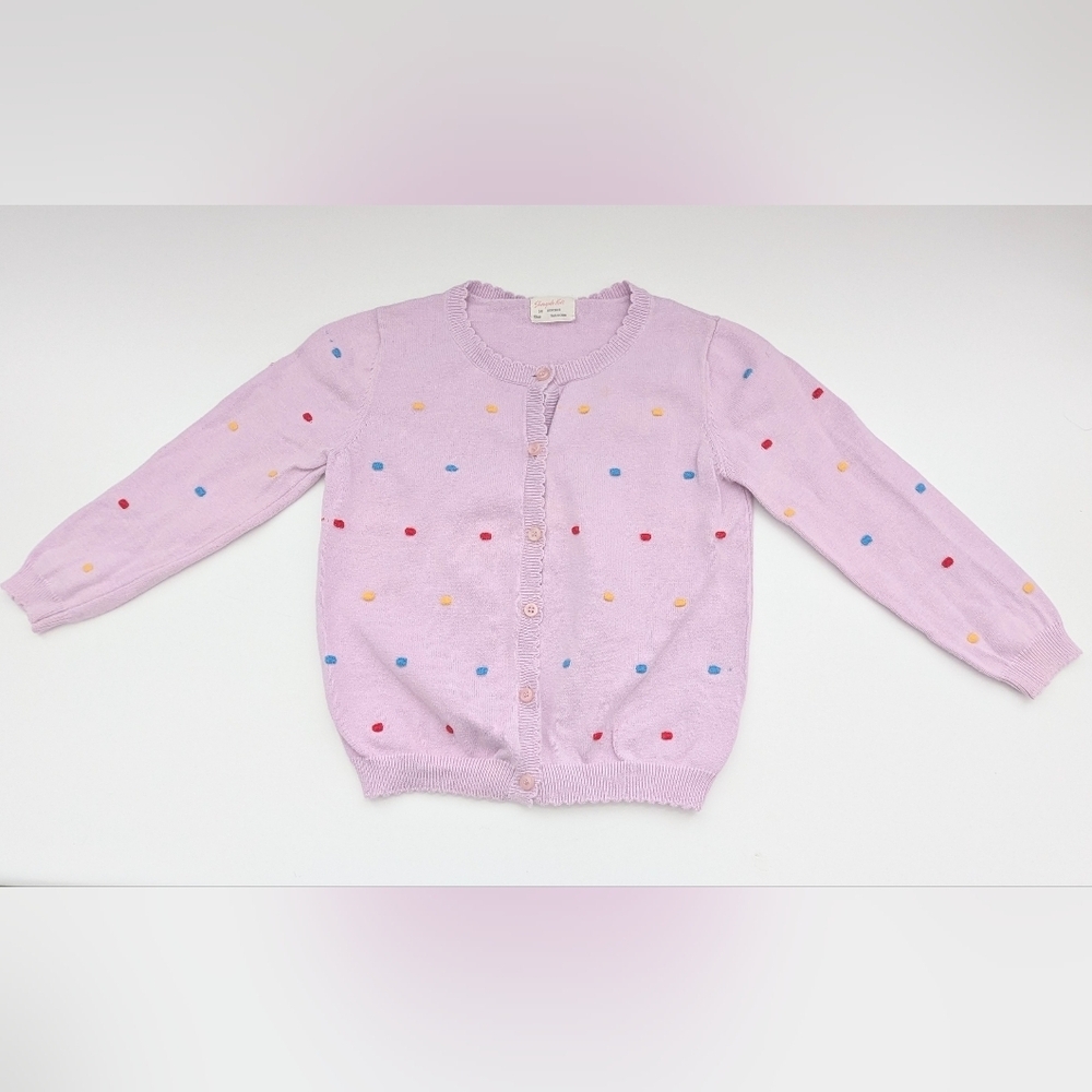 Girls Pastel Mauve Cardigan Sweater w/Colorful Raised Squares And Scalloped Hems